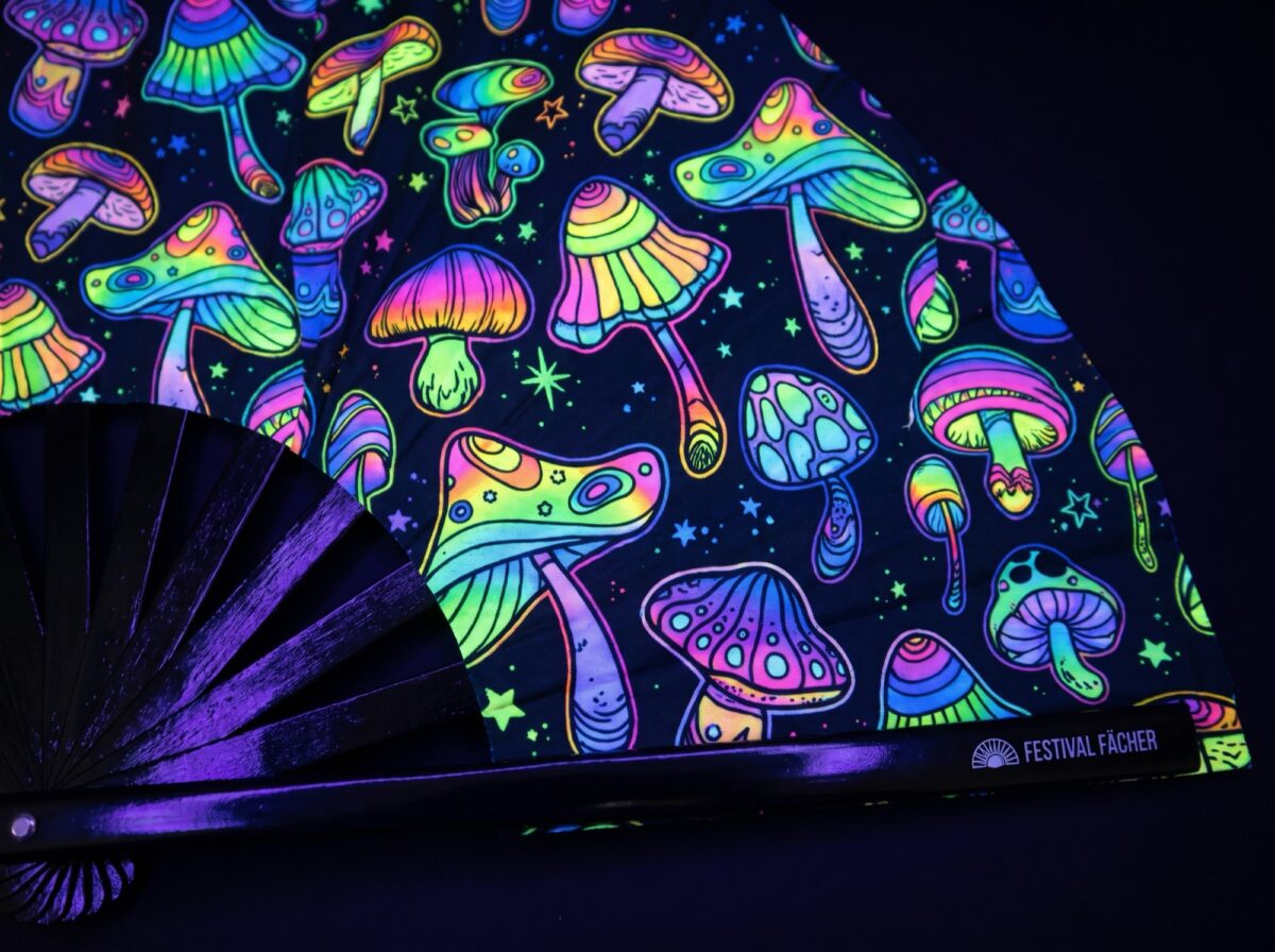 Festival Fans: Neon Mushrooms, Colorful on Black for Psytrance & Goa, View 5