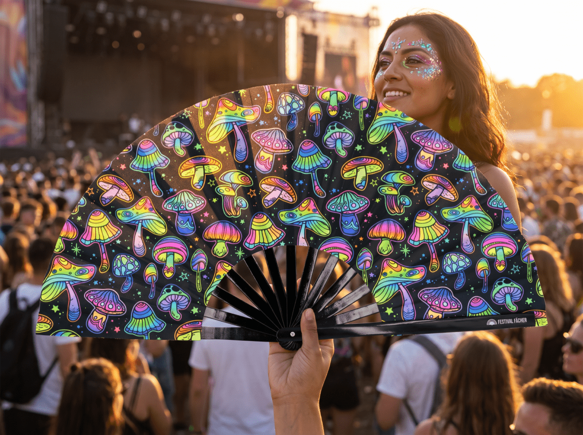 Festival Fans: Neon Mushrooms, Colorful on Black for Psytrance & Goa, View 3