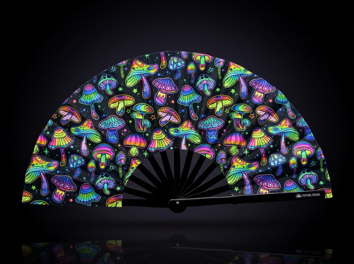 Festival Fans: Neon Mushrooms, Colorful on Black for Psytrance & Goa