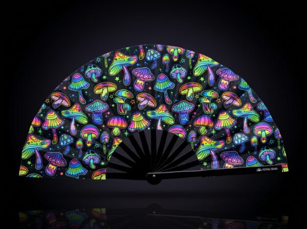 Festival Fans: Neon Mushrooms, Colorful on Black for Psytrance & Goa