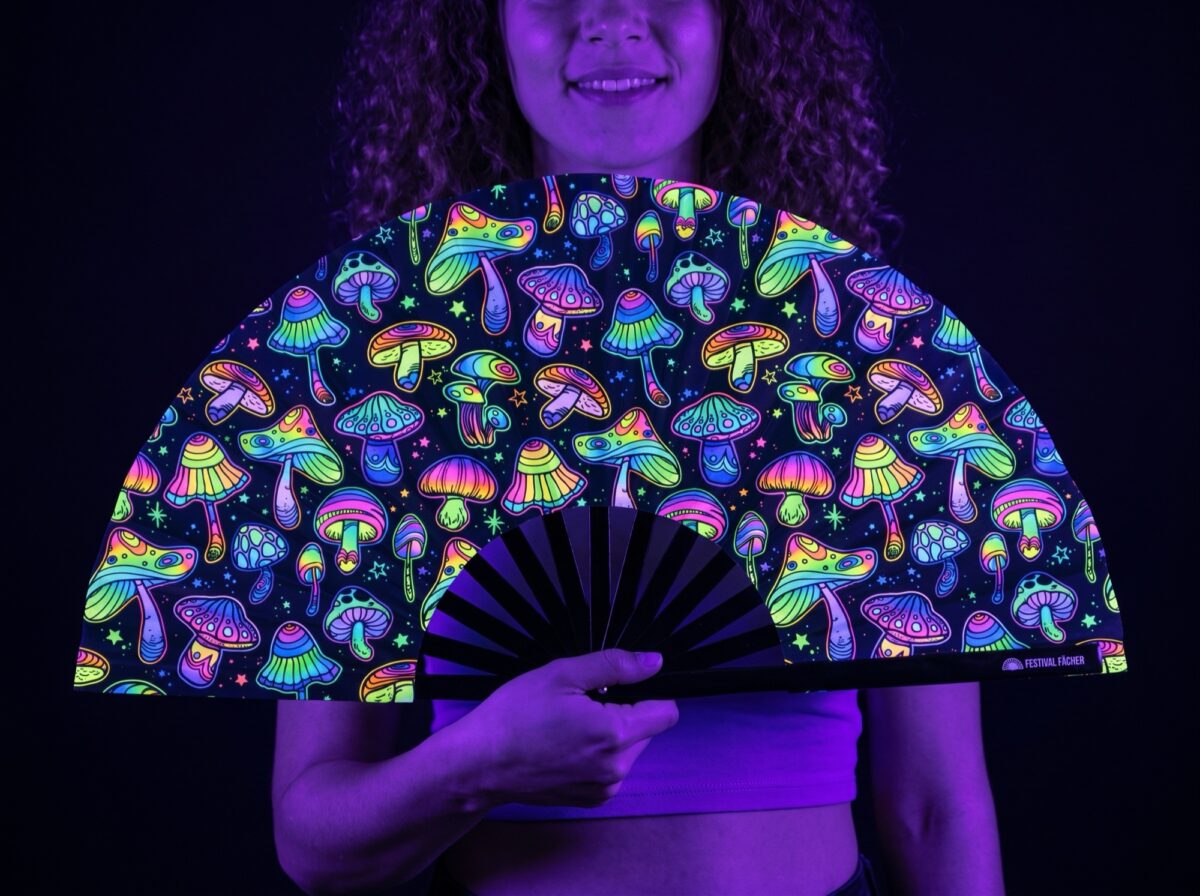 Festival Fans: Neon Mushrooms, Colorful on Black for Psytrance & Goa Rave (UV)