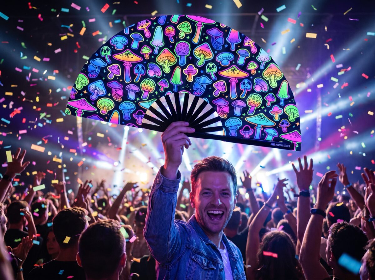 Festival Fans: Neon Mushrooms, Airbrushed Black, for Goa & Psytrance, View 4