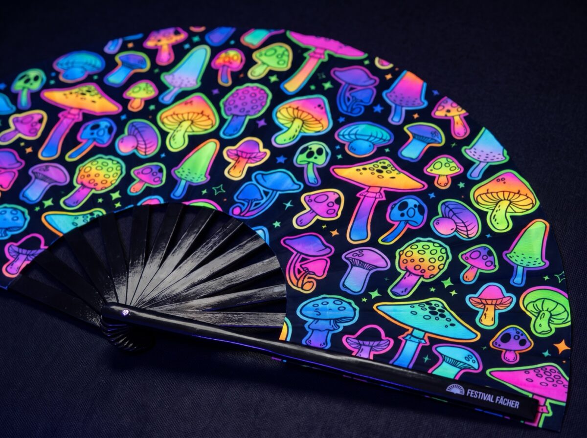Festival Fans: Neon Mushrooms, Airbrushed Black, for Goa & Psytrance, View 5