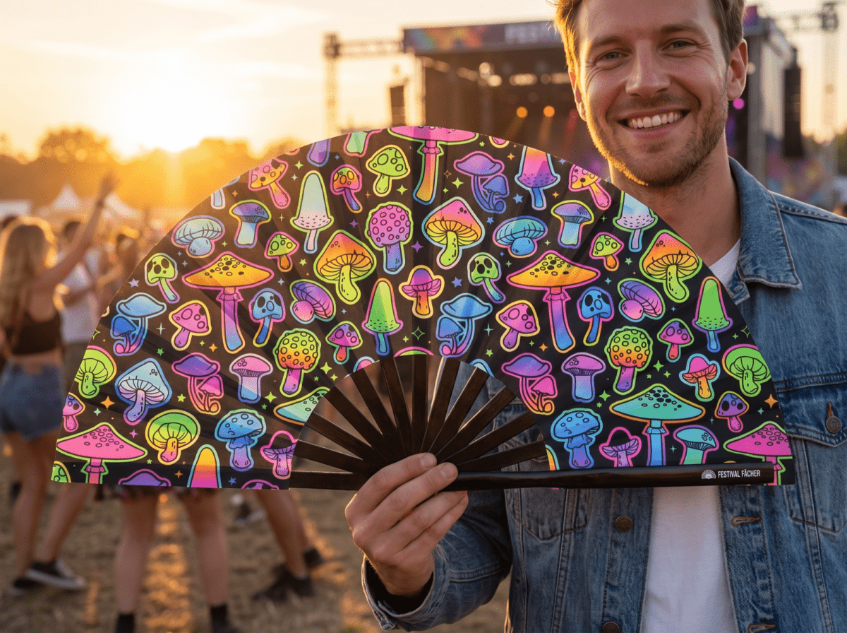 Festival Fans: Neon Mushrooms, Airbrushed Black, for Goa & Psytrance, View 3
