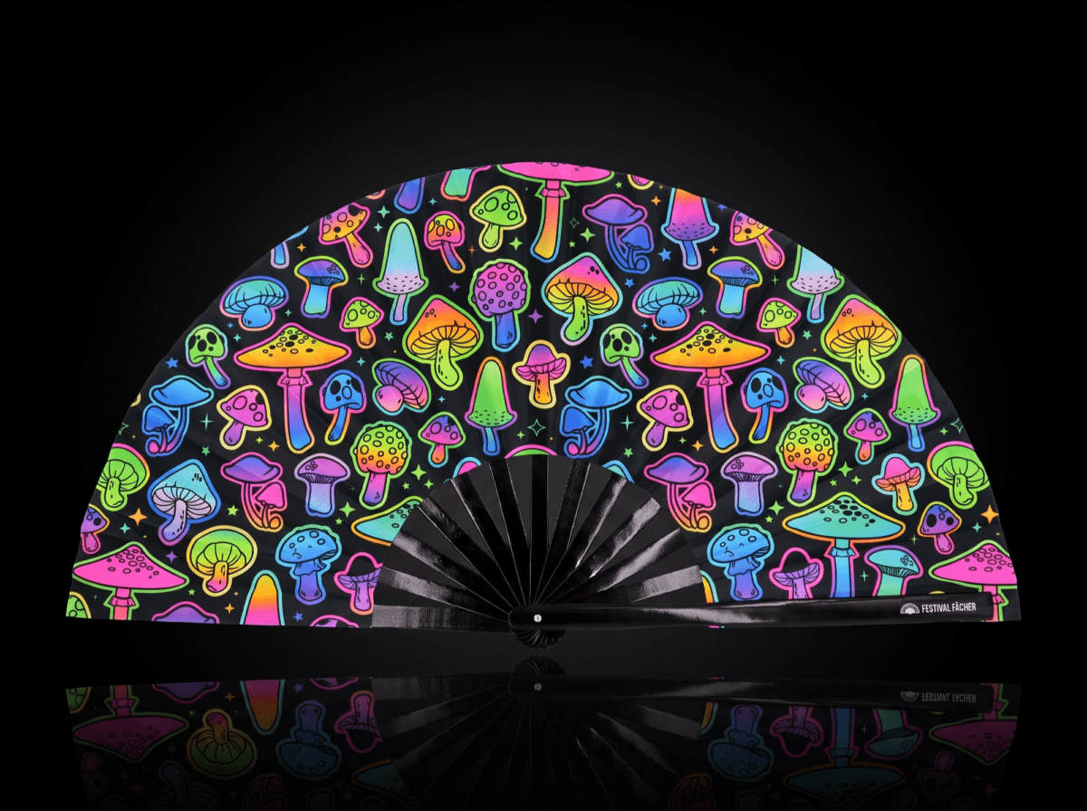 Festival Fans: Neon Mushrooms, Airbrushed Black, for Goa & Psytrance