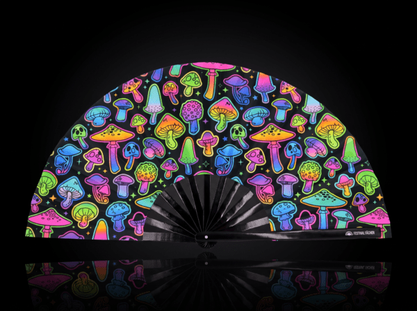 Festival Fans: Neon Mushrooms, Airbrushed Black, for Goa & Psytrance