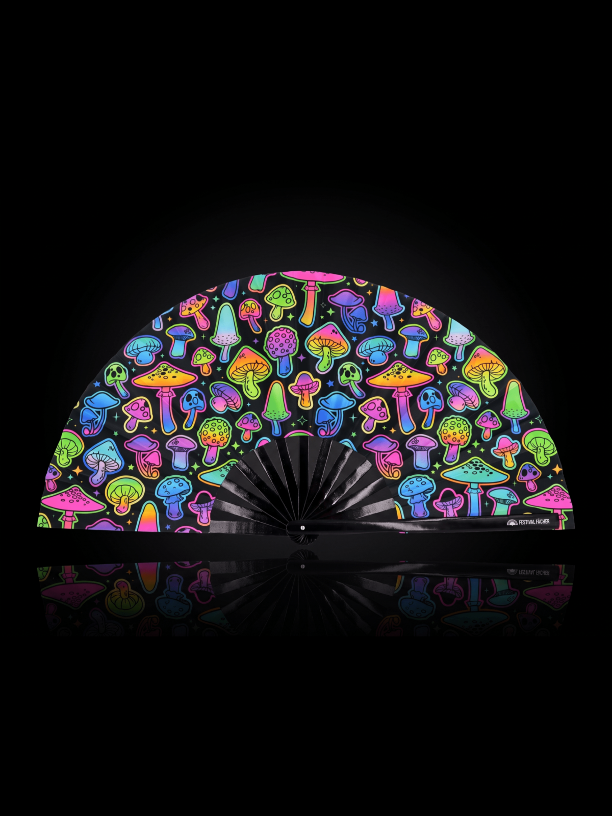 Festival Fans: Neon Mushrooms, Airbrushed Black, for Goa & Psytrance