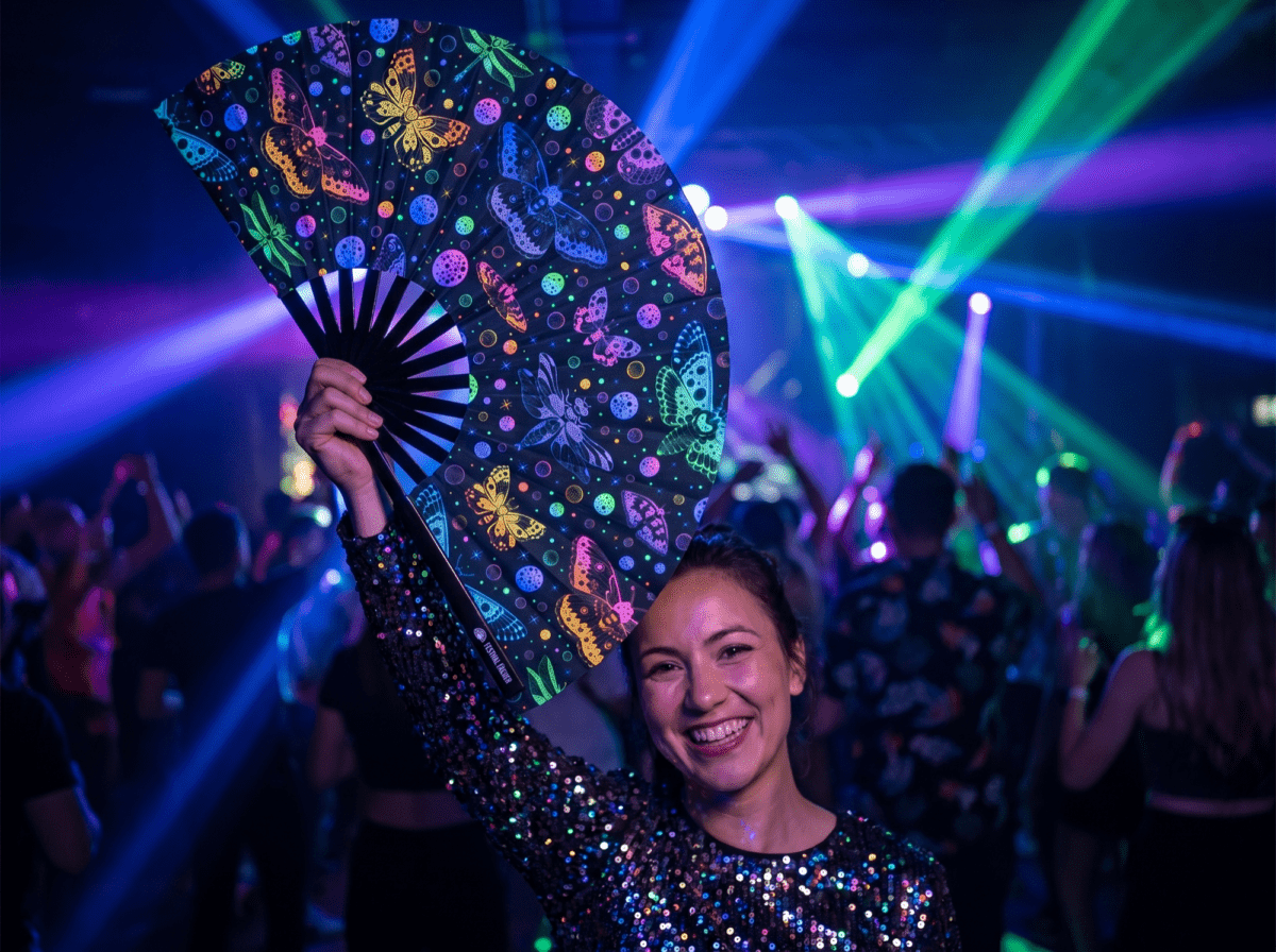 Neon Butterfly Festival Fans, Black, for Raves & Blacklight, View 2