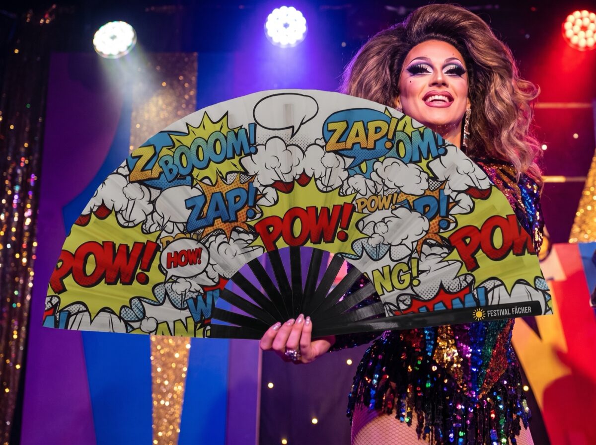 “ZAP BOOM POW” Festival Fan—Yellow: Comics, Rave & Party, View 5