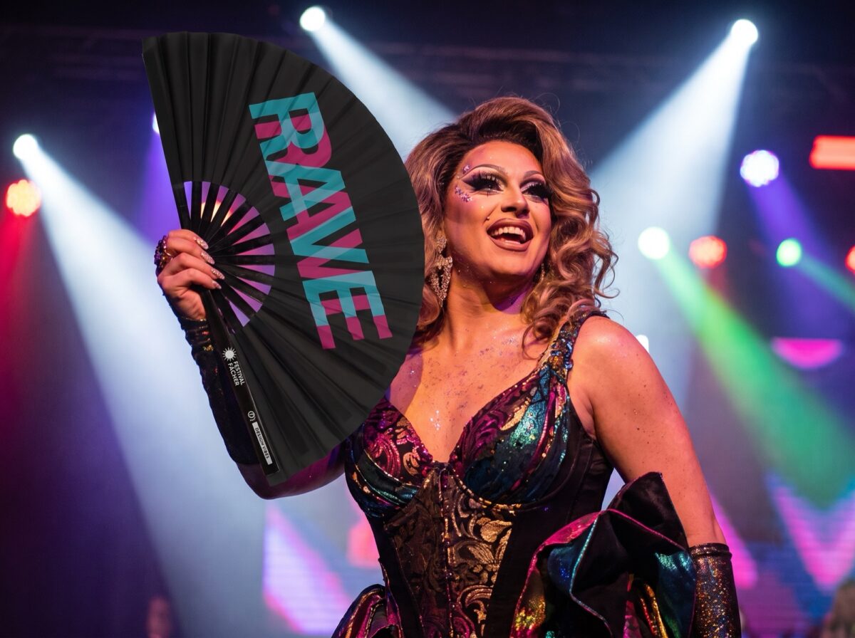 “RAVE” Festival Fan, Black, Teal-Pink, Techno & Rave accessory, View 5