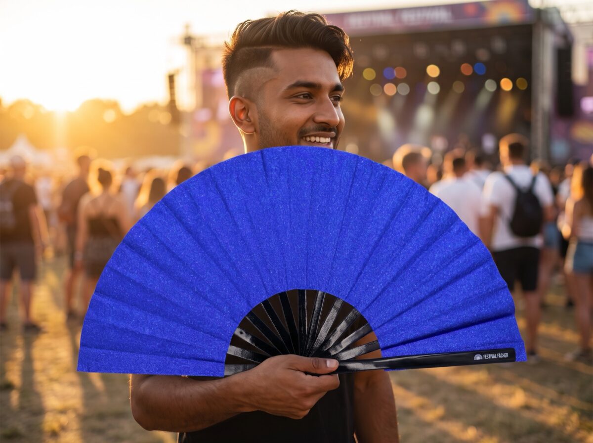 Royal Blue Glitter Festival Fan for Festivals & Parties, View 3